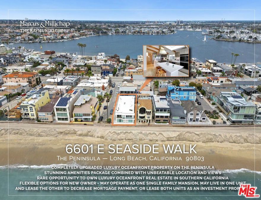 Occupying a corner lot on the sand, the property currently operates as a duplex containing a three-bedroom plus loft lower unit and a two-bedroom plus den upper unit, though a new owner may elect to combine the units to create one large single-family mansion. With Long Beach hosting several events in the 2028 Summer Olympics, in addition to the upcoming 2026 World Cup and 2027 Super Bowl in the area, demand for luxury short-term rentals may provide a dramatic increase in income for a new investor. The building was masterfully upgraded from 2021 to 2024, with nearly all major systems updated and replaced, including a brand new roof, newly replastered exterior, a largely new electrical system, a new beachfront balcony, new windows, several new plumbing lines, and a new pneumatic elevator. Even more impressively, the property's interior has been carefully reimagined with designer upgrades that add impressive flourishes to its international motif. Artemide lighting, a SMEG gas range, and custom-made hoods were all imported from Italy to adorn the living spaces that feature snow-white marble fireplace surrounds, a Toto electric water closet, a built-in Thermador refrigerator, and a floor-to- ceiling wine cooler. Built-in microwave drawers were designed into the kitchen cabinetry, with the lower unit housing a 22-foot kitchen countertop and the upper unit featuring a 15-foot kitchen island and vegetable sink. The exterior entertaining space includes an 18 by 13 foot outdoor porcelain kitchen with granite countertops that overlooks the ocean, along with a new outdoor shower featuring an original custom painted surfboard. An exquisite entry lobby leads residents to either of the two units and also provides access to the new see-through elevator, featuring a two-story glass wall with more ocean views. The property also includes a built-out two-car garage, offering rare parking for residents in this beach enclave. PLEASE CALL, TEXT, OR EMAIL LISTING AGENTS TO REQUEST A FULL MARKETING PACKAGE FEATURING MORE INFORMATION AND PHOTOGRAPHS.
