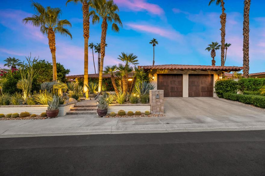 Experience refined desert living in this stunning hillside residence on FEE SIMPLE land, set within the prestigious Thunderbird Villas. This 3 bedroom, 3 bath home embodies luxury, comfort, and thoughtful design at every turn.Step inside to an open, airy layout featuring vaulted ceilings with wood beams, a gas fireplace, and French doors framing sweeping valley and mountain views. Each spacious en-suite bedroom offers comfort, privacy, and timeless style.The remodeled kitchen is a true showpiece, light, bright, and highly functional with quartz countertops, state of the art stainless steel appliances, and an inviting atmosphere perfect for cooking and entertaining.Every detail reflects exceptional care and craftsmanship, from the solid wood doors and smart home updates to the finished garage with mini-split for year round comfort. Outdoors, enjoy multiple spaces to relax and entertain, including a gated courtyard with built-in BBQ, a pergola-covered patio, and breathtaking mountain vistas from nearly every angle.A rare and valuable highlight, this home sits on FEE SIMPLE land (the land lease has been bought out!), offering true ownership and lasting value.Thunderbird Villas community offers guard gated entry, lush landscaping, community pools, cable, and trash service, along with golf cart access to the adjacent Thunderbird Country Club.With panoramic valley views from the back and dramatic mountain views from the front, this home delivers the best of both worlds, an elevated, luxurious desert lifestyle that's truly turnkey. Opportunities like this are rare and this home is a must see! Arrange your private viewing today.