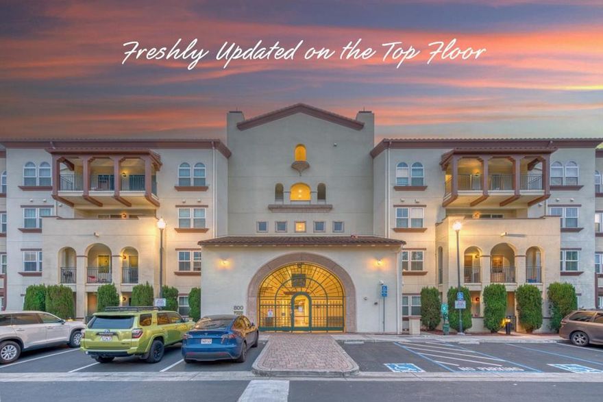 Introducing this exceptional 2-bed, 2-bath, 1,259-square-foot, single-level condo on the top (5th) floor of the meticulously cared-for Terra Serena Luna gated complex. This unit offers a tranquil courtyard-facing location and features an east-facing balcony. The open floor plan includes a spacious living and dining area, creating a perfect setting for comfortable living. The master bedroom serves as a luxurious retreat with its walk-in closet, double vanity, oversized soaking tub, and separate shower stall. This condo is packed with premium features: new top-quality SPC flooring, new kitchen sink & faucet, new carpet, fresh paint, new kitchen appliances, new ceiling fans, new recessed lights, and new light fixtures throughout. You'll also appreciate the convenience of an in-unit laundry room and central A/C and heating, along with two side-by-side parking spaces conveniently located next to the elevator. The complex has recently added EV chargers, providing a convenient and eco-friendly amenity for residents. It also offers a clubhouse, gym, swimming pool, jacuzzi, BBQ area, playground, courtyard, and elevators. HOA dues cover water, garbage, and insurance. The property is within walking distance of the Great Mall and light rail. Some photos have been virtually staged.