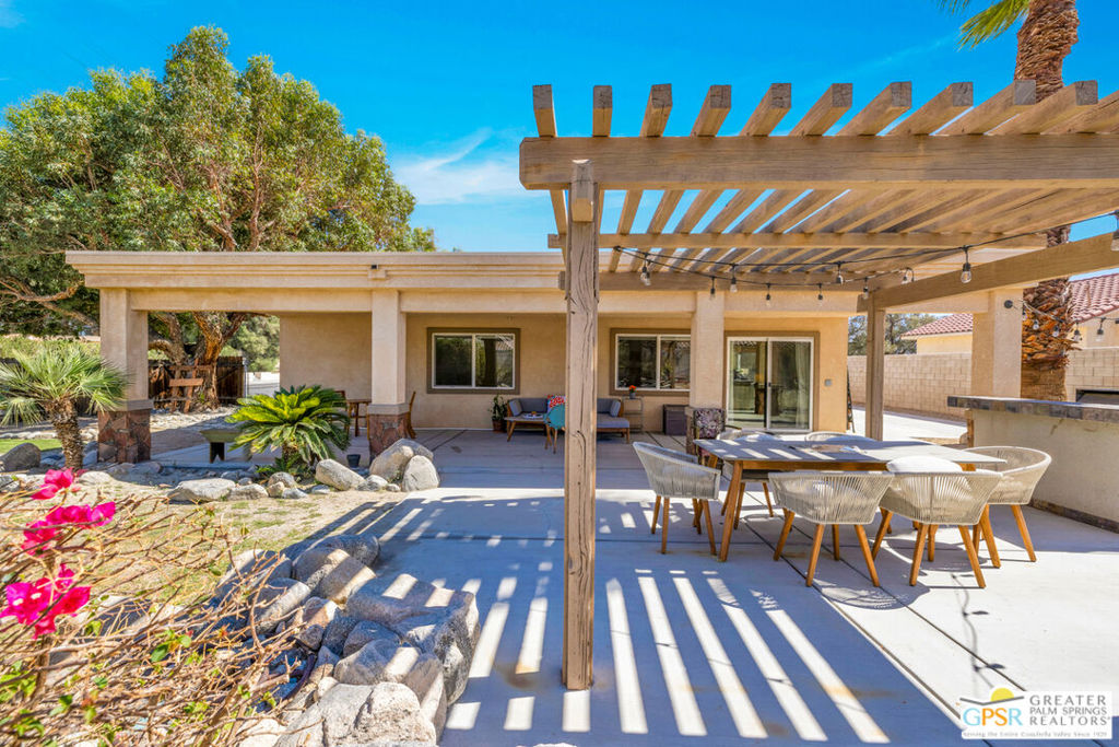 Charming home on a corner lot in the Rio Vista neighborhood in Cathedral City! This home has been updated within the last few years and features a large great room, open kitchen with breakfast bar, stainless appliances, and tons of natural light. The outdoor covered patio is an extension of the interior space with additional lounge and dining spaces. The primary bedroom has an en-suite bath, and two additional bedrooms that share the second bath. Currently the owners are using part of the garage as a home gym, and work space. But the best part is there is a new mini-split AC unit in the garage! The homes' AC unit has also just been replaced. The home is nicely positioned on the lot which offers a large RV parking pad on one side and additional space on the other. Plenty of space to add a pool or hot tub. There is also a small storage shed for those things you just want to hide away. Nice mountain views complete the picture.