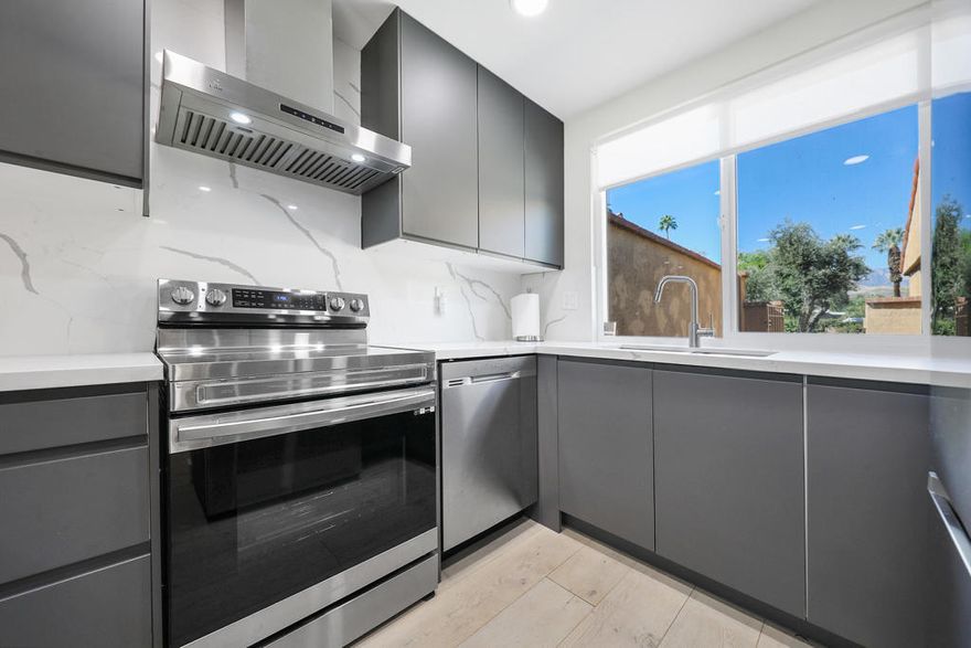 Step into style and comfort in this beautifully updated home, where every detail has been thoughtfully curated for modern living. The fully remodeled kitchen is a showstopper, featuring white quartz countertops, sleek modern-contemporary soft-close cabinets and drawers, and high-end finishes that make both everyday meals and entertaining a joy.Both bathrooms exude luxury with floating vanities topped with white quartz, modern soft-close cabinetry, and contemporary fixtures, including updated toilets. The primary bath offers a spa-like retreat with elegant ceramic tile on the shower and walls, complemented by tasteful tile flooring.Enjoy a cohesive, elevated aesthetic throughout the home with modern engineered wood flooring, custom roll-up window treatments, with a blackout shade in the primary bedroom for restful nights. Recessed and dimmable lighting allows you to set the perfect ambiance in every room, while new doors add to the fresh, modern feel.Outdoor spaces are equally refined, with slate tile in both the front courtyard and rear patio, offering durable beauty and low-maintenance style.This spacious condo boasts soaring vaulted ceilings, abundant natural light, and breathtaking views with mountains in the front and sweeping golf course vistas from the back patio.Experience the best of desert living at Sunrise Country Club, an iconic gated community in the heart of Rancho Mirage. Tucked away in the scenic Coachella Valley, this peaceful enclave blends luxury and natural beauty with lush landscaping and a picturesque 18-hole executive golf course.Residents enjoy access to 21 pools, 19 spas, 9 tennis courts, and active Pickleball and Bocce clubs, along with a newly renovated fitness center, clubhouse, and dining room. Whether you're indulging in a gourmet dinner or a laid-back Sunday brunch, the stylish Mixx Lounge offers the perfect setting.This move-in-ready home blends form and function, ideal for buyers seeking contemporary design, comfort, and convenience. Don't miss your chance to own this tastefully upgraded gem!