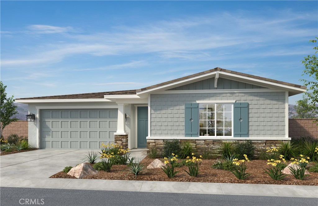 Beautiful Craftsman style brand new home in the breathtaking scenic community of Vista Robles. This new home has an open concept floor plan. The large stylish kitchen that overlooks the huge great room is ideal for entertaining and holding big gatherings. Whirlpool® stainless steel appliances including over-the-range microwave with hood, dishwasher, and electric range are included. Quartz countertops and White Thermofoil cabinets highlight this beautiful modern kitchen. Sprawling lot is fantastic for creating the backyard that you have always wanted. Energy-efficient features includes LED lighting, Moen® WaterSense® faucets and shower-heads, hybrid electric hot water heater, and Sunrun® solar energy system (buyer must lease or purchase) that may help reduce monthly utility bills. Close to Oak Glen, Cabazon Outlets & Morongo Casino Resort & Spa. Easy access to I-10, CA 60 & Hwy 79.
Photo is a rendering of the model! you can either purchase or lease the solar