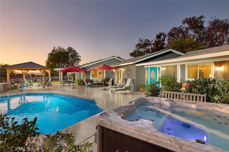 Discover your private sanctuary in the heart of Temecula Wine Country, just steps from Lorimar Winery. Set on 2.19 beautifully landscaped acres, this estate perfectly blends privacy, comfort, and the timeless charm of Wine Country living. Located within the desirable C/V (Citrus/Vineyard) zoning, the property offers ideal potential for an equestrian facility, private vineyard, or agricultural estate.



This single-level residence features 4 bedrooms and 4 bathrooms across 2,299 sq. ft. of thoughtfully designed living space, seamlessly connecting indoor and outdoor areas. Inside, double-pane windows flood the home with natural light, showcasing formal living and dining rooms, a cozy family room with an upgraded fireplace, and a kitchen with updated cabinetry, premium appliances, and a bay-window breakfast nook. The primary suite boasts a spa-inspired bath with a dual-person shower and refined finishes, while a detached casita provides versatility for guests, extended stays, or a private office.



Recent upgrades include a new roof, new central A/C, and an energy-efficient tankless water heater.



Outdoors, enjoy a sparkling pool, above-ground hot tub, and multiple covered patios ideal for entertaining. The grounds are enhanced by new Bermuda sod, mature shade trees, Chinese elms, and fruit-bearing pomegranate trees, with multiple seating areas for gatherings or quiet relaxation. With approximately 18,000 sq. ft. of flat, usable land, this property offers endless opportunities for vineyards, orchards, or equestrian pursuits—all in one of Temecula’s most sought-after Wine Country locations.