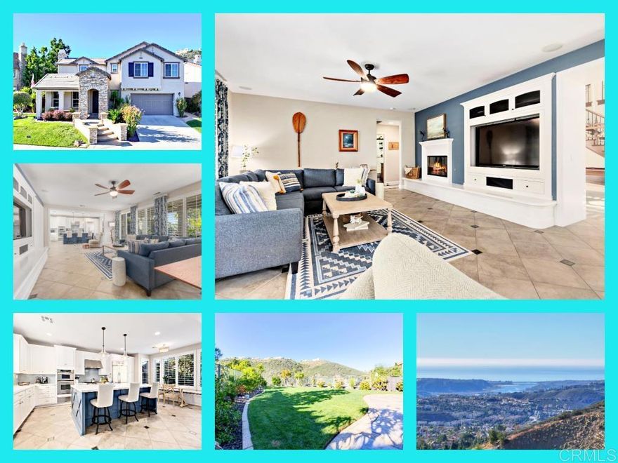 Welcome to 970 Idyllwild Way, an immaculate Palisades residence nestled in the highly sought-after community of San Elijo Hills. This stunning home showcases exceptional pride of ownership and is truly turnkey.  From the moment you enter, you’re greeted by an elegant entryway leading to a versatile bonus room and den, setting the tone for the thoughtful design throughout. The home features Italian slate flooring with copper inlay, crown molding, designer paint, and an abundance of natural light. Formal living and dining rooms flow seamlessly into an oversized great room, complete with a built-in entertainment center and whole-home surround sound, including outdoor speakers.  The gourmet kitchen is beautifully updated with upgraded cabinetry, premium countertops, modern fixtures, and stainless steel appliances perfect for both everyday living and entertaining. Additional highlights on the main level include a downstairs guest suite, wine nook, half bath, two fireplaces, and direct access to a finished oversized three-car garage. Step outside to a tranquil outdoor sitting area with fountains where no details were overlooked.  Upstairs, you’ll find four spacious bedrooms, a loft, and three full bathrooms, along with a well-appointed laundry room featuring ample storage and a built-in sink. The luxurious primary retreat offers dual professionally built-out closets, a spa-like bath with upgraded countertops, tile flooring, oversized sinks, oil-rubbed bronze fixtures, and a large soaking tub. Step onto the private deck to take in breathtaking ocean and mountain views.  The oversized entertainer’s lot provides ample space for a pool and features a generous side yard for outdoor dining, entertainment or relaxation. Additional upgrades include wood shutters, new exterior paint and premium finishes throughout.  This exceptional Palisades home combines elegance, functionality, and stunning views in one of San Elijo Hills’ most desirable neighborhoods. Don’t miss this incredible opportunity to own a truly special property.