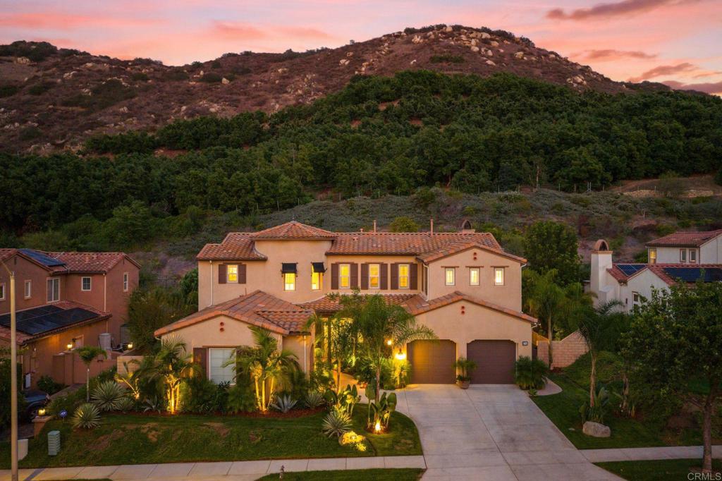 Stunning move-in ready home in the sought-after gated community of The Ranchos at Vistamonte. Tucked away in the picturesque San Pasqual Valley, this spacious home offers 4,450 square feet of living space featuring 5 bedrooms, 4.5 baths and an office and loft. One bedroom/bath suite is located downstairs, as well as a separate office, and the primary bedroom suite is upstairs along with 3 additional secondary bedrooms and an open loft. The gourmet kitchen features an oversized Quartzite sit-up island with storage, Wolf and Sub-Zero appliances, a farmhouse sink, butlers pantry and walk-in pantry. The kitchen opens to a breakfast nook and family room with fireplace, custom cabinetry and large windows overlooking the yard. Oversized formal living room and dining room with Crown molding and a door to the yard. The primary suite has a private balcony and fully remodeled bath that features an expanded walk-in shower, free standing spa-sized bathtub and an enlarged walk-in closet. The spacious, private yard features a stunning pool and spa, sunken firepit, firebowls, separate dog run, play structure, 12 fruit trees, and an outdoor kitchen with built-in BBQ, TV, burner, refrigerator, sink, icebox and sit-up bar. Additionally, there is an upstairs laundry room and a 4 car epoxy garage (one attached 3 car tandem garage and separate 1 car garage that’s perfect for a gym, office or additional storage space). Downstairs bedroom suite perfect for aging parents with stand-up shower and no stairs. Additional features include: Paid solar, Tesla charger, plantation shutters throughout, surround sound throughout home and yard wired for speakers, custom light fixtures and ceiling fans, remodeled bathrooms and Everlights color changing holiday lights installed. Located close to the award-winning K-8 San Pasqual Union School, Dos Osos Golf Course and just minutes from Escondido’s wine region, San Diego’s Safari Park, freeways, restaurants, shopping, hiking and biking trails and acres of open space. This home truly has it all!