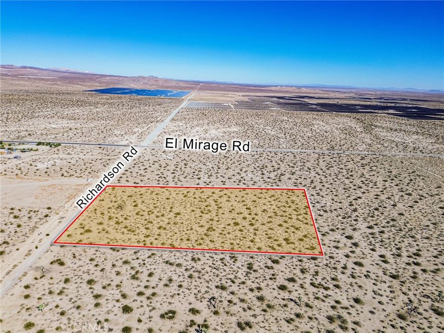 Seize this incredible opportunity to own 4.825 acres of land, APN: 0458-125-02-0000, with tremendous growth potential in the thriving City of Adelanto. Ideally situated just 600 feet (second lot) from the southeast corner of El Mirage Road and Richardson Road, this parcel offers convenient access to major routes, only 3 miles from Highway 395 and less than 5 miles from the Southern California Logistics Airport, which is poised to become one of the largest international cargo airports in the nation.

Adding to the area’s strong momentum, a 200 MW solar project in Baldi Mesa, estimated to generate a $100M boost to the local economy, is already underway just half a mile from the property. The highly anticipated High Desert Corridor Project is also on the horizon, further enhancing regional infrastructure and accessibility.

Whether you are looking to develop, hold, or build your business, this parcel is strategically positioned to benefit from Adelanto’s ongoing industrial, commercial, and residential expansion. Do not miss this exceptional chance to invest in a fast growing area with limitless potential for the future.