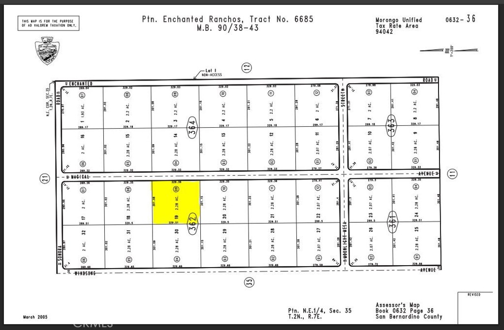 Level parcel in outlying area of north Sunfair Heights. Not far from the popular Joshua Tree National Park. Good access to the property and not too far from paved road. Inside Joshua Basin Water District. GPS Coordinates: 34.219952,-116.219952
2.28 ac lot next door to the north is also for sale for $24,900(APN: 0632-362-08). Seller may discount the price if both lots are sold as a package.