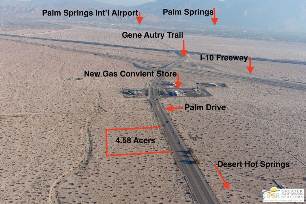 Versatile Development Opportunity | Over 4.5 Acres on Palm Drive. Outstanding opportunity to acquire over 4.5 acres of vacant land with approximately 335 feet of frontage on Palm Drive, just north of the I-10 freeway exit. This high-traffic, high-visibility location on a major 4-lane corridor offers exceptional potential for future development. Zoned W-2, the property allows for a range of possible uses. Buyers are advised to verify allowable uses and potential rezoning options with the City of Desert Hot Springs. The I-10 exit also serves as a primary route to Palm Springs International Airport (PSP), further enhancing the site's visibility and accessibility. Ideally situated just minutes from the airport, downtown Desert Hot Springs, and downtown Palm Springs, this parcel offers outstanding exposure and long-term upside. Priced to sell, this is a great value for developers or investors seeking a well-located, multi-use property in one of the Coachella Valley's most promising growth areas.