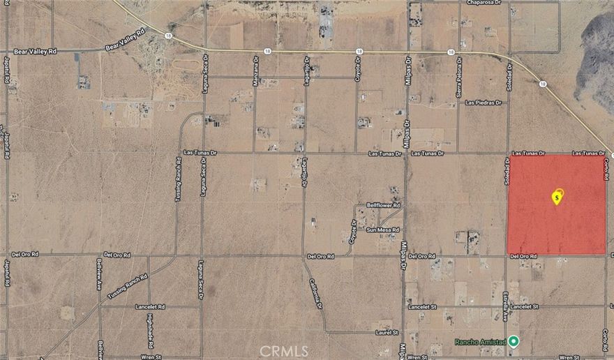 Rare opportunity to acquire ±146.89 acres of flat, developable land in the fast-growing Apple Valley area. Located along Del Oro Rd, the property is surrounded by open desert views and large ranch-style estates, offering an ideal setting for residential subdivision, ranch development, or land banking investment. Zoned RL-10, the parcel allows single-family homes on 10-acre minimum lots, as well as agricultural or equestrian uses. Electricity is available along the property boundaries, and water service is provided by the Mojave Water District. Its flat, rectangular shape provides excellent flexibility for phased development or long-term holding.



The property enjoys convenient access to Highway 18 and is only 10 minutes from Apple Valley Town Center and Walmart Supercenter, 20 minutes to I-15 Freeway, and 35 minutes to the BNSF Barstow International Gateway (BIG Project). With steady population growth, expanding residential zones, and proximity to major logistics hubs, this large acreage parcel offers strong long-term investment potential for developers, investors, or land banking funds anticipating future residential expansion.
