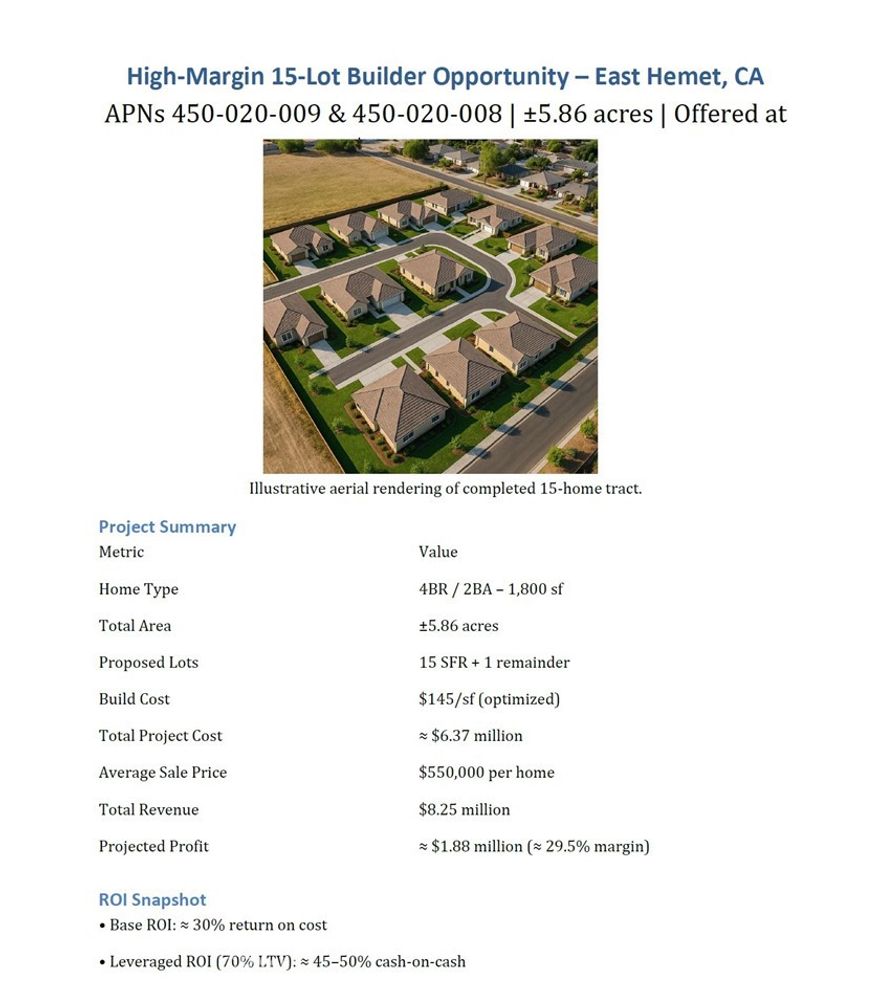 Utilities on the street per prelim, buyer to check. Exceptional development opportunity in the City of Hemet, CA! This 5.73-acre parcel is designated Medium Density Residential (MDR) and previously approved under Tentative Tract Map No. TR25628 for the subdivision of 5.86 acres into 15 residential lots plus one remainder lot, each with a minimum 7,200 sq. ft. lot size. The prior map demonstrates the property’s strong potential for a future single-family residential community. Situated in an established area with paved street access, nearby utilities, and close proximity to schools, parks, and shopping, this parcel offers excellent redevelopment or investment potential.
Property Highlights:
5.73 acres within City of Hemet
Land Use: MDR (Medium Density Residential 8.1–18 DU/AC)
Prior Tentative Tract Map TR25628 approved for 15 residential lots + remainder
Minimum 7,200 sq. ft. lot sizes under prior approval
Paved access and utilities nearby (buyer to verify)
Excellent location near schools, parks, and major corridors
Ideal for builders, developers, or long-term investors
Whether you re-entitle the previous map or propose a new residential layout, this property offers outstanding potential in one of Hemet’s most active growth areas.