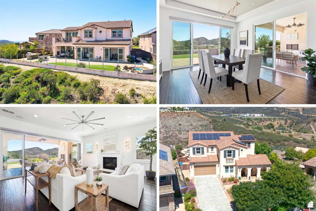 Experience elevated living overlooking panoramic views of lush mountain scenery! Discover a pinnacle of elegance with over $200k in designer upgrades and fully owned solar in the sought after Sanctuary neighborhood of San Elijo Hills. The expansive lot is an entertainer's dream on nearly 1/4 acre, featuring custom hardscaping, oversized BBQ area, fire pit, artificial turf, and extra space to build your dream pool. Seamlessly blend indoor and outdoor spaces with bi-fold glass doors leading to a covered patio with a cozy fireplace. Step inside to a flexible, bright, and open layout that includes a first-floor bedroom suite, an office, and both living and family rooms, in addition to a dining room all facing scenic views. The chef's kitchen shines with its gourmet cabinetry, stone countertops, a functional prep kitchen, and a generous walk-in pantry. Upstairs, retreat to the grand primary suite, complete with a spa-inspired bathroom and private balcony to savor the views. Additional bedrooms each feature ensuite bathrooms. Ample parking is available with a 3-car tandem garage and long driveway. Minutes from trails, top schools, parks, and Town Square, and close to Carlsbad and Encinitas, this estate is your personal haven in the picturesque community of San Elijo Hills. A symphony of views and elegance awaits you!