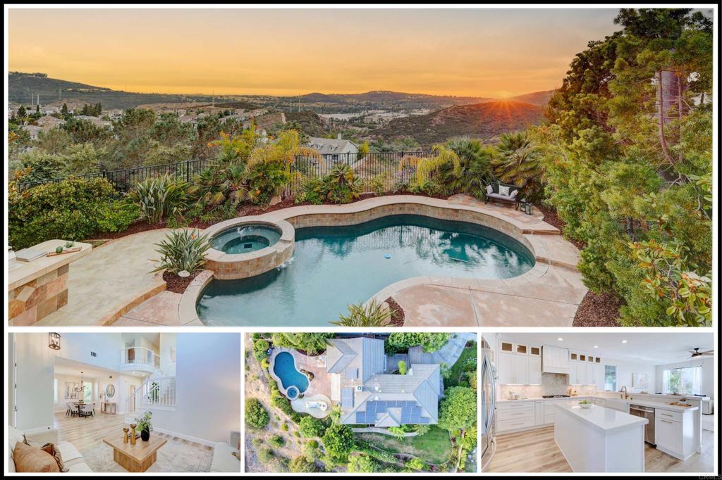 One-of-a-kind expansive entertainer’s lot with panoramic ocean views! This unicorn of a property is a true rarity in the sought after gated community of Promontory Ridge in San Elijo Hills. Prime location privately situated on nearly 1/4 acre at the end of a double cul-de-sac with a sparkling pool, spa, and wrap-around yard with bonus space perfect for playing and gatherings. Solar energy and a private extended driveway enhance the home's efficient and convenient lifestyle. Discover a sanctuary of modern living where lovely views greet you throughout, complemented by stylish updated floors and a fully remodeled kitchen that serves as a centerpiece to the open flowing layout. The upper level includes three additional bedrooms, a study nook, and a private primary suite complete with dual balconies, an ensuite bathroom, and a walk-in closet. Conveniently close proximity to trails, top-rated schools, and the vibrant San Elijo Hills Town Square. To truly experience the gem and unique find that this home is, you must see it in person to appreciate its exclusivity!