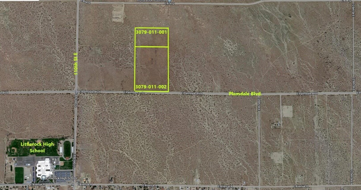 Parcel #'s 3079-011-002 & 3079-011-001
Coordinates: 34.579962, -117.926168
38.87 ACRES Huge Property with Water Well and Survey, Flat and mostly cleared ready for you huge Ranch or multiple Ranch homes Possibilities are huge. Located on Paved Palmdale Blvd in Littlerock ca, these two parcels are in a prime location and close to Schools Shopping and businesses.