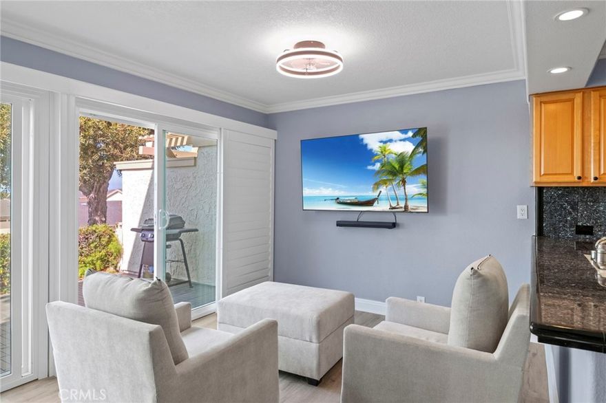 Welcome to your meticulously upgraded beach home in the sought after community of Presidential Heights. This stunning home offers 2 bedrooms and 1 1/2 bathrooms with incredible oceans views that are sure to sweep you off your feet. This light-filled home features a classic layout with designer touches throughout. The living area boasts wide-plank composite flooring and modern lighting. Adjacent, the dining space flows seamlessly into the updated kitchen which includes wood cabinetry, quartz countertops, a breakfast bar, eye-catching tile backsplash and brand-new appliances. Enjoy the panoramic ocean views, spectacular sunsets and the cool ocean breeze from the comfort of your living room and newly renovated private patio, offering the perfect backdrop for relaxing or entertaining. As you walk up the stairway, in the master bedroom you experience an unencumbered ocean view. The spacious primary and guest bedroom offers hilltop views. The full bathroom upstairs offers a walk-in shower, spa jacuzzi tub, vanity, mirror and new flooring. Updates throughout the home include new dual pane windows, wood shutters throughout, LVP flooring, lighting throughout on dimmer switches, accent tile in kitchen, baseboards, tankless water heater, new roof on garage, exterior patio cover, travertine tile on exterior patio, refrigerator, oven, brand new washer and gas dryer, ceiling fans and much more. Also included is an attached one-car garage offering parking, private entry gate, and access to a well-maintained community. Additionally, this home is just quick bike ride to world-class surfing at Trestles, golfing at the Municipal Golf Course, shopping at the popular & local Primos market and classy downtown near the San Clemente Pier, hiking/biking trails, close to Concordia Elementary and the 2.5 mile beach trail, this home offers all the fun lifestyle aspects south San Clemente has to offer.