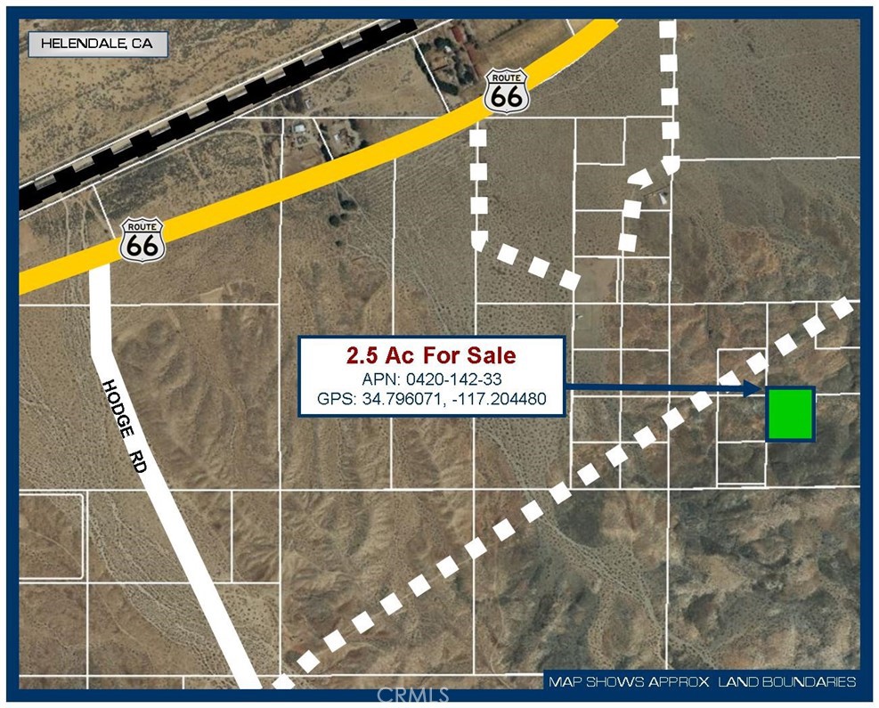 Quiet 2.5 acre property that sits just south of historic Old Route 66 in Barstow, CA. The area to the north of the property is locally known as HodgeThe property is zoned Rural Living by the San Bernardino County. This zoning allows for a residential home and incidental agricultural uses. Also this area is great for camping, off road vehicles or just to enjoy the solitude of the open desert. Electricity is approximately 3418 ft North West.Barstow is a major transportation center for the Inland Empire. Four large routes intersect in the city including the I-15 and I-40, and Highway 58. Old Route 66 also intersects with this historic city. Barstow is also home to Fort Irwin National Trailing Center and the Marine Logistics Base- Most travelers know Barstow as exactly half way from Los Angeles on their way to Las Vegas.