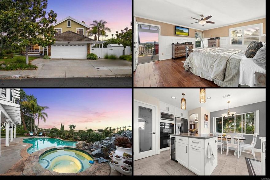 Welcome to your own private sanctuary in the heart of Escondido. Perfectly situated on a corner lot in a peaceful cul-de-sac, this thoughtfully upgraded 4-bedroom, 3-bath residence offers over 2,000 sq ft of elegant living space on a spacious 10,700+ sq ft lot—designed for comfort, style, and effortless indoor-outdoor living. Step inside to soaring ceilings, rich hardwood floors, and walls of windows that flood the home with natural light. The heart of the home is a stunning chef’s kitchen, complete with custom maple cabinetry, granite countertops, double ovens, a Sub-Zero refrigerator, and a generous walk-in pantry—ideal for entertaining or preparing family meals with ease. The open concept living and dining areas flow effortlessly through French doors to your personal backyard paradise. Entertain poolside with a built-in BBQ, relax under the stars in your spa with a tranquil waterfall, or host memorable gatherings on the expansive patio framed by lush, mature landscaping. A convenient downstairs bedroom and bath offer the perfect setup for guests, a private office, or multi-generational living. Upstairs, the spacious primary suite is a peaceful retreat, featuring a private balcony with serene views—perfect for your morning coffee or evening wind-down. Additional highlights include, leased solar system for energy efficiency and reduced utility bills, a cozy fireplace in the living room, central A/C for year-round comfort, an attached 2-car garage, wooden shutters throughout and many others! Located close to schools, shopping, dining, and parks, this exceptional property offers the rare combination of privacy, function, and Southern California outdoor living—all with no HOA restrictions or fees. Don’t miss this unique opportunity to own a turnkey home in one of Escondido’s most desirable neighborhoods. Schedule your private tour today!