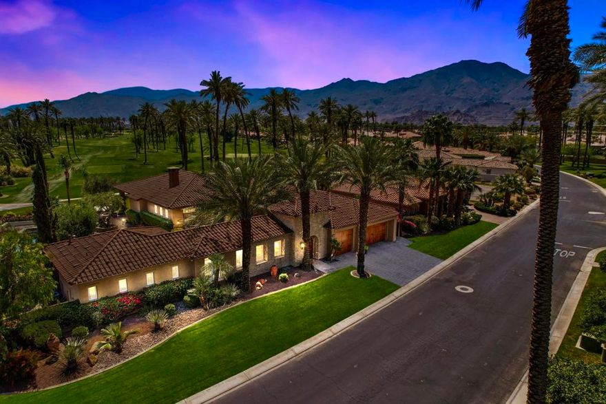 Long term lease with coveted Southern views of Santa Rosa Mountains & Fred Couples/Brian Curley designed Course at The Palms only enhance the value of this stunning and elegant home. This is La Quinta's hidden gem where only 101 homes surround the perimeter of the course allowing residents an abundance of privacy as the closest home from your leisure space is all the way across the course. You enter through a private courtyard with an a 2-room casita and a sparkling pool along with plenty of entertaining space. The home features stone floors, a dual-sided fireplace separating the Living Room & Great Room, soaring ceilings, a formal Dining Room, Wet Bar, gourmet Kitchen w/ Viking appliances, granite counters, high-end counters allowing for an abundance of storage. The primary suite is spacious with an adjoining spa bath. 2 other ensuite bedrooms in the main house, one is set up as an office. The sound system plays throughout, the home features teak doors and 3-car extra-large Garage. The back leisure space with vantage of the 18th Tee provides a BBQ, room to entertain, a rose garden, fire pit with plenty of seating to enjoy the starry night The quick-remove fence is easily removed should you no have pets. The Palms provides a dog park, & citrus trees galore. The Golf Club at The Palms is separate from the community;