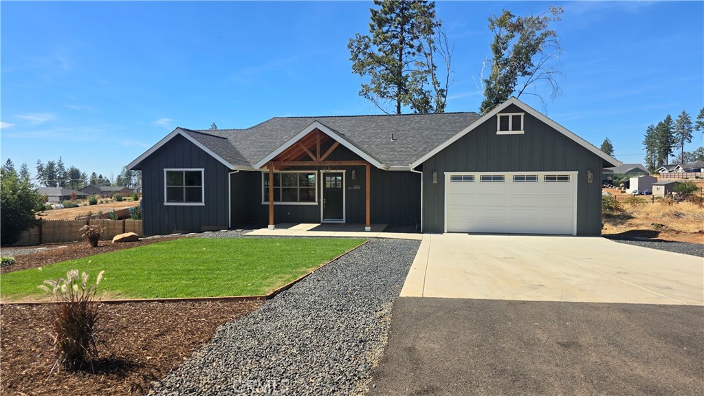 QUALITY BUILT FROM TOP TO BOTTOM!! This 3-bedroom, 2.5-bath beauty boasts 1980 sqft of living space that is nestled on just over a half-acre with a landscaped front yard, graveled side yard RV access, beautiful covered front porch and large covered back deck with views to the coast range & valley. As you enter the house, you are greeted by a grand living space filled with an abundance of natural light streaming through large windows. The beamed ceilings add depth and character to the space & the gas fireplace creates a cozy and welcoming ambiance. The gourmet kitchen is a culinary enthusiast's dream comes true and is equipped with soft close drawers, top-of-the-line stainless steel GE Cafe brand appliances and a large walk-in pantry you will love! The quartz countertops provide ample space for meal preparation, room for counter-top appliances and a large center island with seating access! The sliding glass doors lead you to the covered back deck, complete with two outdoor ceiling fans, providing beautiful views to the valley and amazing sunsets, blending indoor and outdoor living! Whether you're enjoying a morning cup of coffee or hosting a summer barbecue, this space is perfect for relaxing and entertaining alike. Designed with comfort and privacy in mind, this home boasts a split floor plan, placing the primary bedroom on the opposite side of the house from the guest bedrooms. Your primary bedroom is a sanctuary that offers a tranquil retreat with ample space & large walk-in closet. The en-suite bathroom features a luxurious walk-in shower, separate soaking tub, double sinks and modern fixtures. Adjacent to the primary suite, is the laundry room specially designed for your space saving stackable washer and dryer featuring both natural gas and electric dryer hookups as well as lots of cabinets & countertop space and a utility sink. The guest bedrooms are thoughtfully designed, each with its own walk-in closet, ceiling fan, and large windows for an airy and comfortable feel. Sharing a convenient Jack and Jill bathroom between them with a semi-private vanity & sink area and a fully private bathroom space for privacy and comfort. Additionally, there is a 1/2 bathroom for your visiting guests off the living room. The large yard features a seasonal creek in the back, plenty of RV & extra parking, lots of room for gardening as well as room to create your own dream yard design! Only 1 mile from Bille Park, downtown Paradise and a quick 12 Mile drive to Chico!