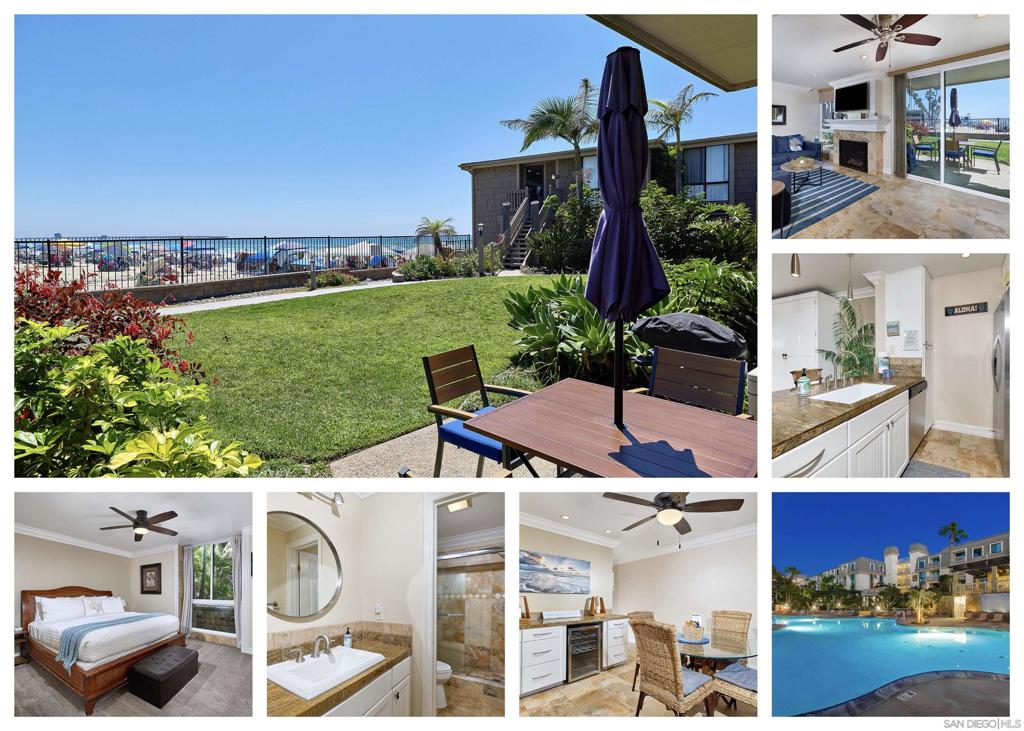 Seller will entertain offers from $1099,888-$1199,888. Experience coastal living at its finest in this stunning beachfront condo, perfectly situated in the highly coveted D Cottage building—just steps from the sand! Enjoy dynamic, front-row whitewater ocean views from your living area and private patio with a grassy yard, the ideal spot to watch the waves roll in. Inside, gorgeous travertine stone floors flow throughout the home, complementing the ocean-view living area complete with a stone fireplace, custom woodwork, and elegant crown molding. The inviting living room is furnished with a plush sectional, along with a convenient wall bed to maximize sleeping capacity. The remodeled kitchen showcases granite countertops, beadboard cabinets, and a designer backsplash, while the spacious bedroom retreat offers custom built-ins and a luxurious travertine stone shower. Beyond the condo, the community feels like a tropical resort, with lush landscaping, streams, and waterfalls. Residents enjoy access to heated pools and spas, a putting green, fitness centers, and saunas—all within a secure, guard-gated complex with reserved parking. North Coast Village features billiards, ping pong, a fitness center with sauna, and a barbecue area overlooking the pool, ideal for gatherings.The complex includes ten four-story buildings and 2-story cottages, all set on beautifully landscaped grounds with streams, waterfalls, and tropical gardens. This oceanfront property is just steps from the sand, perfect for romantic walks along one of Southern California's most beautiful beaches. Amenities include reserved garage parking, cable TV, a recreation center, clubhouse with kitchen, massive stone fireplace, cedar walls, and laundry facilities. Located between Oceanside Harbor and Oceanside Pier, it’s a great area for biking, with a scenic trail starting right across the street and historic Pacific Coast Highway nearby. Enjoy spectacular sunsets, dining along the picturesque harbor, live music, and unique shopping. Kayak, boat, and paddle boat rentals, fishing, and whale watching excursions are also available. Downtown Oceanside boasts new renovations, exciting restaurants, and hotels. The Main Street Oceanside Farmers' Market offers fresh produce every Thursday morning, while the Sunset Market provides international food booths and live music Thursday evenings.