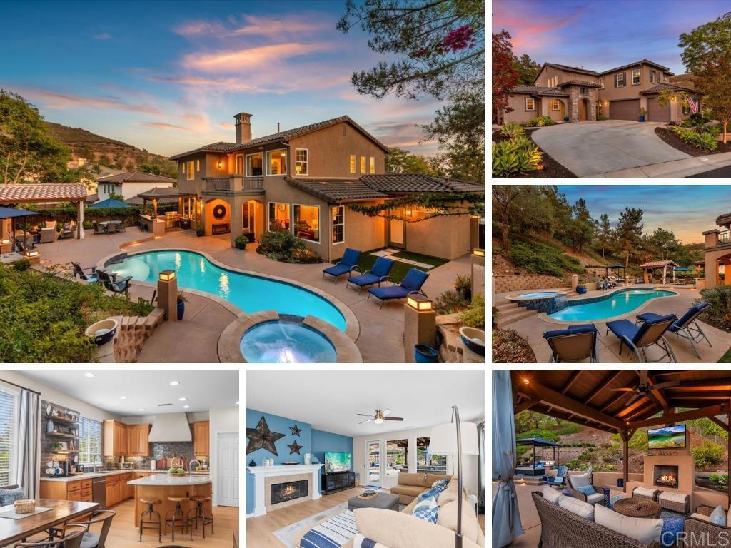Welcome to a rare gem in one of North County’s most sought-after gated enclaves. This stunning residence is more than a home - it’s a lifestyle. It’s a stunner both inside and out, including pool/spa and a resort style outdoor! Nestled in the gated community of WestCliffe in San Elijo Hills and perfectly located on a quiet street with no through traffic, this residence offers the ideal blend of warmth, style and functionality. Featuring 4 bedrooms + spacious loft (easy conversion to a 5th bedroom), 3.5 baths, and a desirable 1st floor bedroom with full bath and direct access to the backyard, the floor plan is as versatile as it is inviting. The primary suite includes a private porch and an expansive newly renovated spa-like bath with free-standing tub, quartz counters, new fixtures and walk-in closet. At the heart of the home, the remodeled chef’s kitchen showcases a large island, quartz counters with full backsplash, floating shelves, built-in refrigerator and premium appliances, opening seamlessly to generous living spaces with abundant natural light and oversized sliding glass doors leading to the outdoor. The backyard is a true private retreat—newly renovated with $250K in resort-inspired design. Enjoy a heated saltwater pool long enough for laps, elevated spa with waterfall, outdoor kitchen and bar, and a covered living room with fireplace and TV. It’s the perfect setting for both quiet relaxation and unforgettable gatherings. Additional highlights include new luxury vinyl plank flooring, fresh interior paint, wrought-iron staircase, surround sound wiring, outdoor speakers, OWNED 6.21 kW solar system and an oversized 3-car garage. Zoned for highly desirable San Elijo Elementary & Middle School—both just a short stroll away—and San Marcos High School, the home also enjoys close proximity to community parks, scenic trails, and the vibrant Town Square, putting everyday conveniences and recreation right at your doorstep. Gated Westcliffe neighborhood in the San Elijo Hills award winning community, and walking distance to the town center and schools. In the town center, enjoy the shops & eateries along with nearly 18 miles of trails, 19 acre park & 1000 acres of open space surrounding San Elijo Hills. Room dimensions & sq footage are approximate, per builder & assessor's record. Mello roos is estimated Room dimensions & sq footage are approximate, per builder & assessor's record. Mello-roos is estimated. Assumable loan: Eligible VA buyers may be able to assume the current loan for a small fee, rate of 2.5% for 737k loan