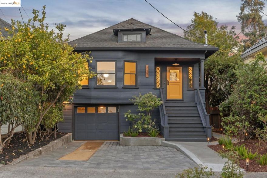 Old meets new in this 3-bedroom, 1-bath Craftsman bungalow, reimagined for modern living while preserving its 1910 charm. Behind the cheerful yellow door, a sunlit living room with bay windows, hardwood floors, and a coved ceiling flows to a formal dining room with built-in glass hutch, original tiled hearth w/ mantle, and mirror. The updated kitchen blends farmhouse character with beadboard wainscoting, granite counters, designer tile backsplash, open shelving, farmhouse sink, and stainless appliances anchored by a Wolf range. Two spacious bedrooms, one with private bath access, plus a smaller third bedroom/office, paired with a classic bath featuring a clawfoot tub, wainscoting, and new tile. Added comforts include a stacked washer/dryer, whole-house fan, and updated plumbing, heating, and electrical. Landscaped front yard, new paver driveway, one-car garage with car charger and workshop, and a private backyard deck with turf, citrus, and planter boxes complete this walkable Bushrod Park gem. Walk Score 90, Bike Score 100, and walking distance to BART. Flexible Tenancy in Common (TIC) ownership structure may qualify for subdivision opportunities under SB9 and/or SB 684 to unlock future value potential (Buyer to verify) or purchase both homes together. Must see.