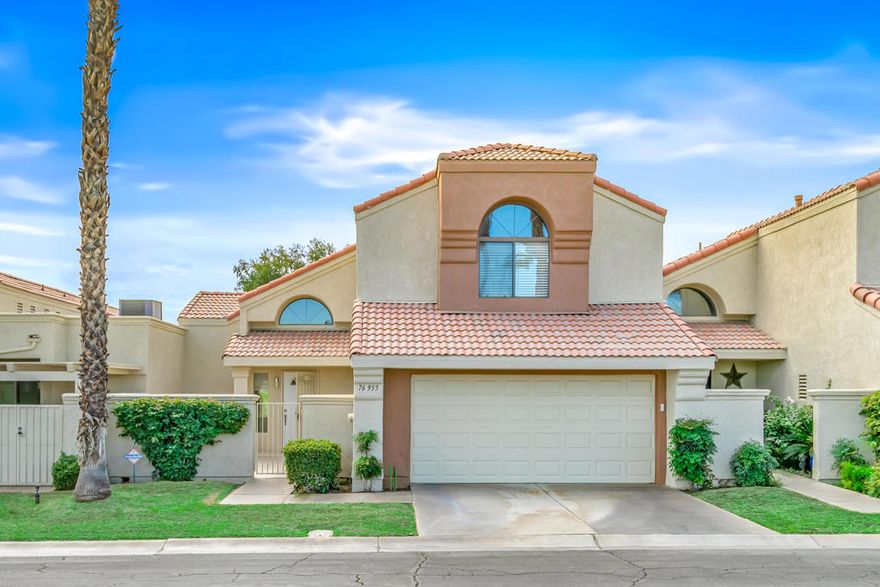 Welcome to this beautifully 2 bedroom, 2 bath and a powder room condominium in the sought-after Oasis Country Club. Positioned with a south-facing back patio overlooking the 13th hole, this residence captures gorgeous views of the lush green fairway, tranquil pond with a fountain, and the majestic mountains beyond--a truly picturesque and serene setting. Upstairs, you'll find two large bedroom suites, each with its own private bath, offering exceptional comfort and privacy. A spacious landing area provides abundant built-in storage, ideal for organization and convenience. The remodeled kitchen is both stylish and functional, featuring tasteful upgrades that complement the home's  inviting atmosphere. Additional highlights include direct garage access and fresh paint, and large tile flooring, creating a cohesive interior throughout. Outdoors, enjoy a private front courtyard and a back patio perfectly suited for relaxing or entertaining while taking in the golf course and mountain views. Also convenient for your dog. Within the gates of Oasis Country Club, residents enjoy access to an 18-hole, executive golf course, 18 pools and spas, pickleball and tennis courts, a fitness center, two dining venues, including casual and fine dining options with a bar and patio. The community also features citrus trees, a dog park, and a welcoming, active social atmosphere--all within a low-maintenance, non-age-restricted environment. ''Come and see what makes Oasis Country Club such a treasured place to live.