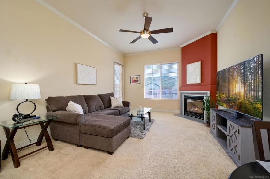 Welcome to your serene, top-floor retreat in the heart of Carmel Valley! A rare find for the community, this home comes with two dedicated parking spaces. This stunning 1 bed, 1 bath condo captivates with dramatic vaulted ceilings and a light-filled, open-concept floor plan. The spacious living area and large bedroom both provide access to a private balcony, which conveniently houses your in-unit laundry.  As a resident, you'll enjoy resort-style amenities including a sparkling pool, hot tub, and a fitness center. Your new home is ideally located near the best shopping and restaurants in the area. Enjoy effortless travel with quick access to the I-5 and SR-56 freeways; all of San Diego is within your reach. Don't miss this perfect blend of comfort and convenience!