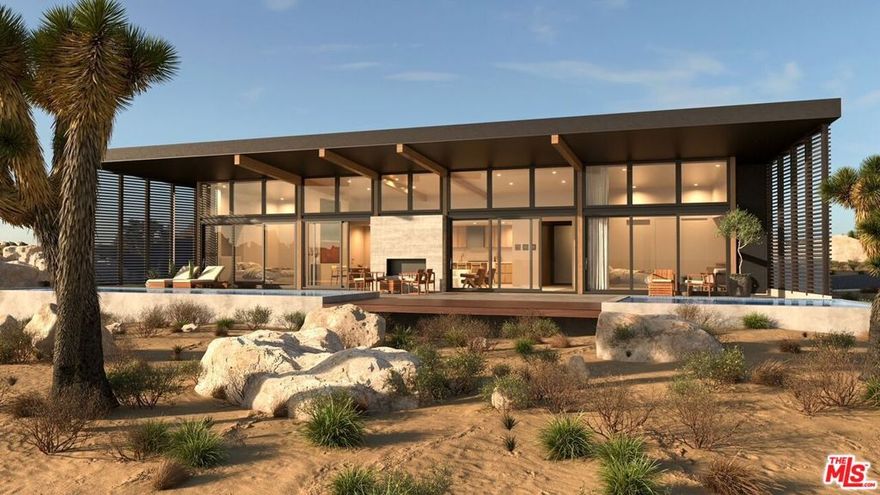 Pre-sale opportunity with an expected completion date of Winter 2026. Experience the perfect blend of modern luxury and desert serenity just minutes from the breathtaking landscapes of Joshua Tree National Park. This stunning new home with a detached ADU sits on 2.3 expansive acres, offering uninterrupted panoramic views of the peaceful surroundings, including head-on views of Goat Mountain. The property features a main residence with two bedrooms and two bathrooms, designed for seamless indoor-outdoor living. Soaring 16-foot ceilings and floor-to-ceiling glass walls create an airy, open atmosphere that brings the beauty of the desert inside. The sleek chef's kitchen boasts premium oak cabinetry and Caesarstone countertops, offering both style and functionality. A 700 sq. ft. detached ADU provides additional living space, perfect for guests, a home office, or an income-generating rental. A breezeway carport elegantly connects the two structures, offering shaded parking and architectural cohesion. Step outside and unwind in your private oasis, complete with a sparkling pool, a soothing spa, and a cozy fire pit perfect for stargazing and peaceful desert nights. Located close to La Copine, Pappy & Harriet's, and top off-road adventure spots, including Sand to Snow National Monument and King of the Hammers, this home offers a prime location for both relaxation and recreation. Don't miss this exclusive pre-sale opportunity to own a one-of-a-kind desert retreat this property also qualifies for Opportunity Zone benefits.