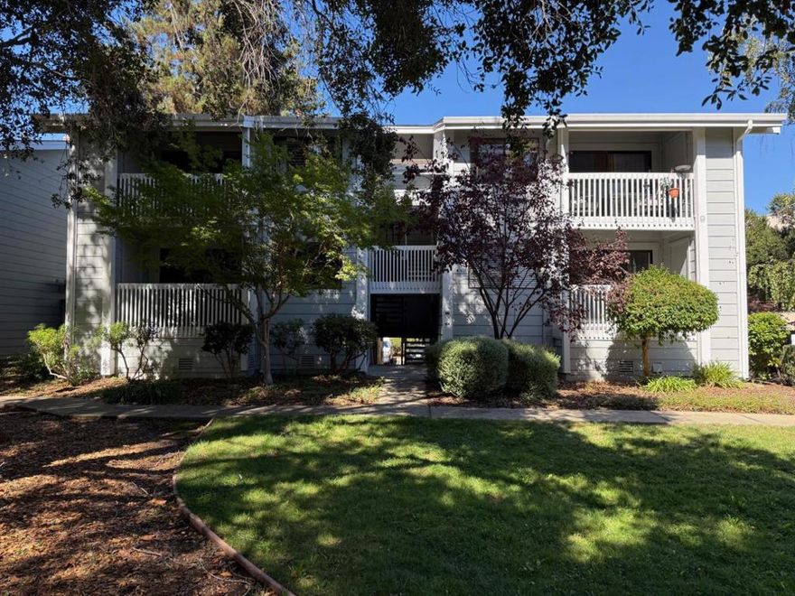 This lovely top (2nd) floor home is set in an ideal location overlooking a parklike open space with benches, Oak, Maple and Redwood trees. With upgraded amenities,  2 bedrooms and 2 baths and a comfortable 1069 SqFt; welcome home to the desirable Oak Park community in the center of Silicon Valley. You will enter on the large plank hardwood floors throughout the entire living areas. The tray-ceiling kitchen is filled with Bosch stainless steel appliances, granite countertops and an abundance of cherry cabinets that extend out to the dining area. An en suite primary bedroom incudes a walk-in closet, remodeled bath with shower stall, ceiling fan and plantation shutters. 2nd bedroom includes mirrored closet, plantation shutters and upgraded bath with shower over tub. The living area is a comfortable size; looking out to the view. You will love your morning coffee on the balcony overlooking the parklike view or relaxing early evening looking out over the trees as the sunsets.