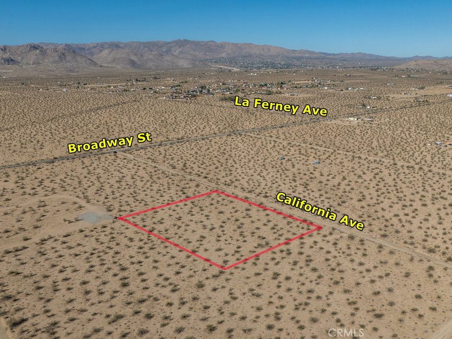 Appr. 680 feet from paved Broadway St ..Fabulous lot not too far from 29 Palms Hwy. Everything you need is just a short drive away. Utilities are nearby. This lot is in San Bernardino County jurisdiction and zoned for JT/RL (Joshua Tree/Rural Living) which allows for single family home and incidental agriculture uses. This is really an unique opportunity to enjoy a peaceful lifestyle with expansive open spaces and breathtaking natural beauty. Do not miss this opportunity to make your dream come true on this blank canvas. Please note that the boundaries represented in the photos are only an estimation. Buyers should verify every aspect aligns with their vision for the property. Address has been assigned by the county.