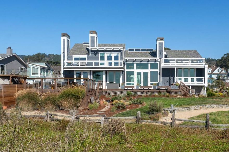 Dramatic Miramar oceanfront home on a rare double lot bordering the Coastal Trail and miles of beautiful beaches. As you enter this home you will be struck by the soaring 2 story living room with wood beams and walls of glass windows overlooking the ocean. There's a large gourmet kitchen with top of the line appliances, large island and a stone fireplace. The master bedroom suite and office are on the top floor separated by a catwalk and both have decks. There's even a wine cellar.. But one of the best features of this unique home is the large backyard with extensive decking, several balconies and a fire pit that is designed for entertaining or just gazing out to the ocean. This is a one of a kind home for the most discriminating lucky buyer.