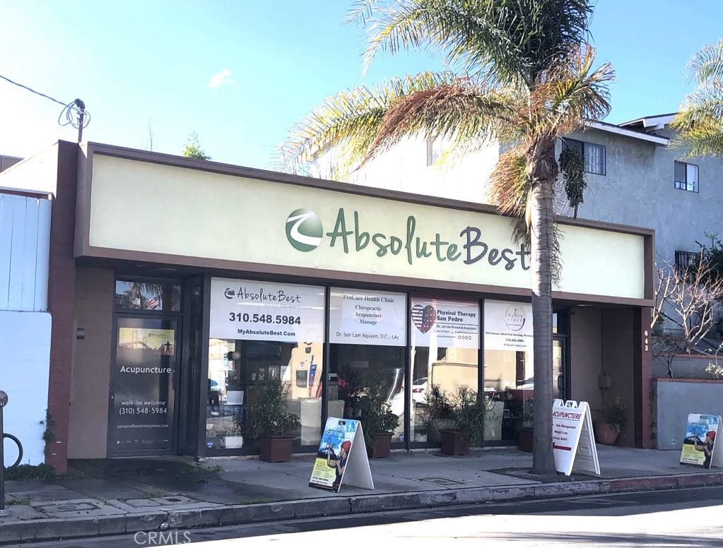 This commercial stand-alone building is beautifully appointed throughtout. There are 7 treatment rooms, and one private office. Two large bathrooms, one is a handicap accessible bathroom (H/C bath has a shower and a washer & dryer), workout/dance studio upstairs over 800 sqft (does not show on tax record), reception area, and an employee kitchenette. Ideal use will be health care related services, such as Physical Therapist, esthetician, OB-GYN, Physician, Medi-Spa Services, etc. Another idea for use would be art gallery in the upstairs studio space, with rentable work spaces for artists, or even imbuator spaces for new small businesses such as insurance or medical billing. There is a beautiful one bedroom apartment for an owner/user (no private entrance from the street). Off street gated parking for 4 cars in the back. Visualize the unlimited possibilities that this available space can create for you? And 6th Street connects Gaffey to the developing Downtown San Pedro commerical district. Owner may consider leasing.
