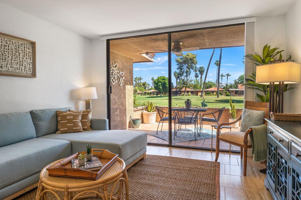 Welcome to 56 Majorca Drive in Rancho Mirage -- a beautifully renovated desert oasis nestled within the prestigious, guard-gated community of Sunrise Country Club. This charming 1-bedroom, 1.5-bathroom renovated condo offers 854 square feet of open concept living space and combines comfort and resort-style amenities in one of the desert's most desirable locations.Step through the new front door, featuring a rain glass panel, and into a thoughtfully designed home that has been tastefully upgraded throughout. The popcorn ceilings have been removed, and the interior has been freshly painted. Elegant new tile flooring runs throughout the home, complementing the bright, open-concept layout that is perfect for both everyday living and entertaining.The kitchen has been modernized with porcelain countertops, a coordinating backsplash, and new cabinetry. A double-pane window with a remote-controlled shade offers natural light and views, while a new sink, fixture, and garbage disposal add convenience and functionality.The spacious primary suite features a new 1-ton mini split A/C unit, a double-pane sliding door, and updated window treatments. The en-suite bathroom has been completely renovated with a walk-in shower, high-end Grohe fixtures, a Toto toilet, and sleek finishes throughout. The powder room has also been updated with a new vanity, mirror, Toto toilet, and exhaust fan.Additional upgrades include new exterior light fixtures, a Ring doorbell, Whirlpool washer & dryer located in the garage, and a new LiftMaster garage door opener.Enjoy your morning coffee in the private front courtyard with mountain views, or relax on the expansive rear patio overlooking the serene golf course.Residents of Sunrise Country Club enjoy exclusive access to an array of amenities, including an 18-hole executive plus golf course, tennis and pickleball courts, multiple pools and spas, a vibrant clubhouse, and a well-equipped fitness center. Ideally located just minutes from premier shopping and dining at The River and El Paseo, and only a short drive to Palm Springs International Airport, this home offers the ultimate in desert living.Whether you're looking for a seasonal escape or a full-time residence, 56 Majorca Drive is move-in ready and waiting for you.