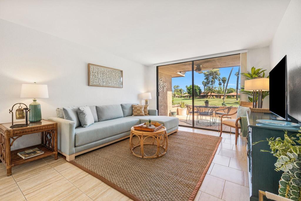 Welcome to 56 Majorca Drive in Rancho Mirage -- a beautifully updated desert oasis nestled within the prestigious, guard-gated community of Sunrise Country Club. This charming 1-bedroom, 1.5-bathroom renovated condo offers 854 square feet of open, airy living space and combines comfort, style, and resort-style amenities in one of the desert's most desirable locations.Step through the new front door, featuring a stylish rain glass panel, and into a thoughtfully designed home that has been tastefully upgraded throughout. The popcorn ceilings have been removed, and the interior has been freshly painted. Elegant new tile flooring runs throughout the home, complementing the bright, open-concept layout that is perfect for both everyday living and entertaining.The kitchen has been modernized with porcelain countertops, a coordinating backsplash, and new cabinetry. A double-pane window with a remote-controlled shade offers natural light and views, while a new sink, fixture, and garbage disposal add convenience and functionality.The spacious primary suite features a new 1-ton mini split A/C unit, a double-pane sliding door, and updated window treatments. The en-suite bathroom has been completely renovated with a walk-in shower, high-end Grohe fixtures, a Toto toilet, and sleek finishes throughout. The powder room has also been updated with a new vanity, mirror, Toto toilet, and exhaust fan.Additional upgrades include new exterior light fixtures, a Ring doorbell, Whirlpool washer & dryer located in the garage, and a new LiftMaster garage door opener.Enjoy your morning coffee in the private front courtyard with mountain views, or relax on the expansive rear patio overlooking the serene golf course.Residents of Sunrise Country Club enjoy exclusive access to an array of amenities, including an 18-hole executive plus golf course, tennis and pickleball courts, multiple pools and spas, a vibrant clubhouse, and a well-equipped fitness center. Ideally located just minutes from premier shopping and dining at The River and El Paseo, and only a short drive to Palm Springs International Airport, this home offers the ultimate in desert living.Whether you're looking for a seasonal escape or a full-time residence, 56 Majorca Drive is move-in ready and waiting for you.