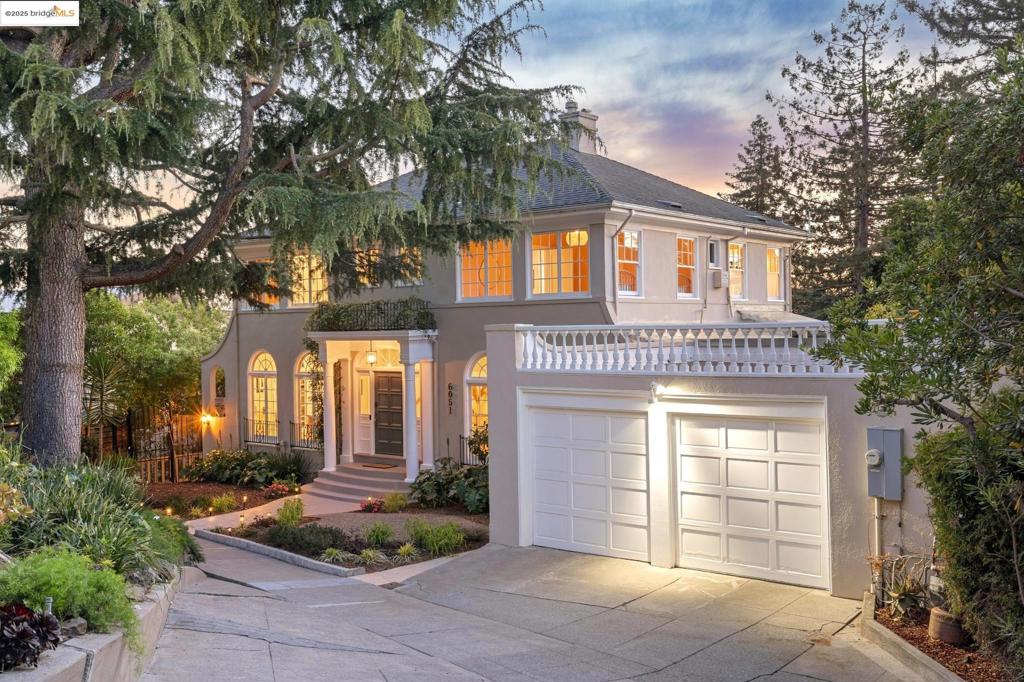 Spacious and bright with breathtaking SF Bay Views from 3 levels! This elegant Georgian style home graces the historic Claremont Pines neighborhood, offering over 4,700 sq feet of flexible living space ideal for multi-group or generational living. The entry level features a grand entry, elegant arched windows all throughout, large living room with fireplace, open chef’s kitchen/dining room with a terrace and garage access, and powder room. The upper level features a well-appointed primary suite, two additional bedrooms, and hall bathroom, and a sunny library. The lower levels have separate entry and include 4th and 5th bedrooms (one staged as an office/home gym, and one is en suite), full hall bathroom with laundry, and a large theater/media room with fireplace, 2nd kitchen, den, and indoor-outdoor entertaining pavilion with hot tub, gas fireplace, patio heater, fireplace, and pizza oven, all overlooking the beautiful garden! Location is A+ and close to College Avenue/BART. Nearby schools include Chabot Elementary and College Prep.