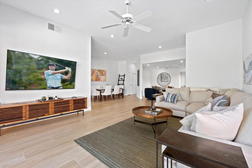 Experience modern luxury in this remodeled 2BR/2BA + den home overlooking the Pete Dye golf course at Westin Mission Hills Resort. A private courtyard welcomes you into spacious indoor/outdoor living, while the back patio features a new saltwater pool with stunning golf course and mountain views. Inside, the sleek open kitchen flows to the dining area, great room, and den (optional sleeping space). The primary suite boasts a spa-like bath with walk-in shower and double vanities, plus extensive closet space. Guest bedroom with adjacent bath ensures privacy. Blending modern sophistication with warmth, this home is just minutes from world-class shopping, dining, and entertainment--making it the perfect seasonal retreat. Available for the up coming season.