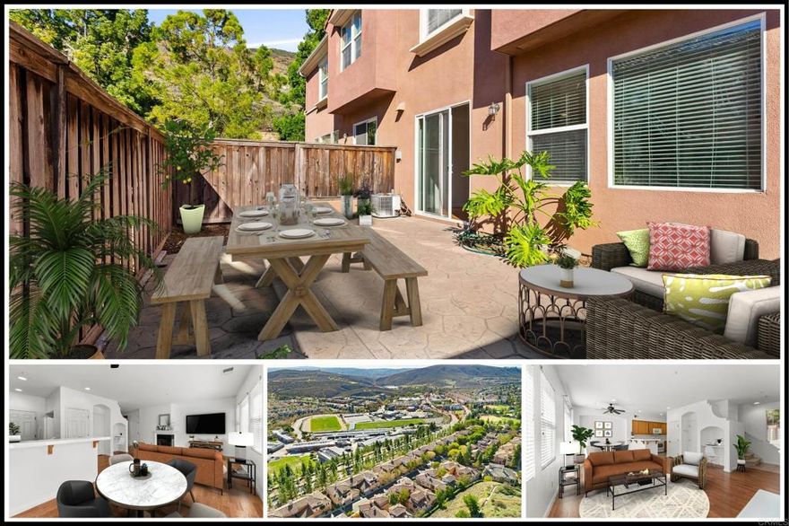 Best priced townhome with a yard on the market in San Elijo Hills! Welcome to a lifestyle of comfort and convenience with this delightful townhome, featuring its own private backyard in the gated community of Westridge! This light-filled and inviting home is move-in ready with a freshly painted interior and newly installed carpet upstairs. The spacious open-concept kitchen and cozy fireplace set the stage for everyday living and relaxation. Upstairs you'll find two bedrooms each offering their own ensuite bathrooms. Situated in the desirable Westridge gated community, where you can enjoy access to a community pool and being conveniently close to sought after schools (zoned for San Elijo Elementary, San Elijo Middle, and San Marcos High School), parks, hiking trails, and the bustling San Elijo Town Square.