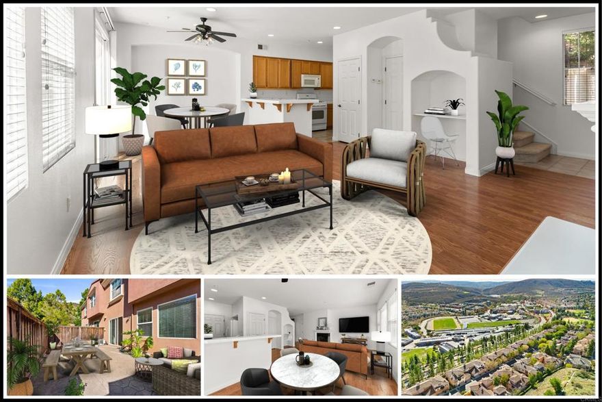 Welcome to a lifestyle of comfort and convenience in San Elijo Hills with this delightful townhome, featuring its own private backyard! This light-filled and inviting home is move-in ready with a freshly painted interior and newly installed carpet upstairs. The spacious open-concept kitchen and cozy fireplace set the stage for everyday living and relaxation. Upstairs you'll find two bedrooms each offering their own ensuite bathrooms. Situated in the desirable Westridge gated community, where you can enjoy access to a community pool and being conveniently close to sought after schools (zoned for San Elijo Elementary, San Elijo Middle, and San Marcos High School), parks, hiking trails, and the bustling San Elijo Town Square.