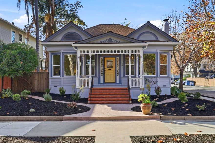 Stunning remodeled and upgraded 1902 home with Victorian elements in desirable Naglee Park neighborhood. Entire home has been meticulously reimagined from top to bottom! Cozy covered front porch with original columns and railing. The interior is surrounded by huge dual-pane windows, with ten-foot-high ceilings, makes this home airy and bright. New engineered hardwood floors in a natural hickory color installed throughout the home. Formal living and dining rooms with original pocket doors with new hardware. All original solid 5 panel privacy doors and new ORB hardware maintain the period appearance. Brand new bathrooms with porcelain tile flooring and shower enclosures. Formal dining room with wainscoting and French doors to the fourth bedroom, ideal for use as an office. Front bedrooms have a Jack and Jill remodeled bath with tub and shower. Primary suite with large closet and bath with shower stall. The brand-new kitchen has tons of counter space with all new slab counters, cabinets and appliances. Massive brand-new deck under a mature mulberry tree and new fencing on the south side. Entire home rewired with new lights and hardware. Freshly painted inside and out. Earthquake bracket retrofit. All this close to SJSU, commute arteries, and downtown entertainment and restaurants.