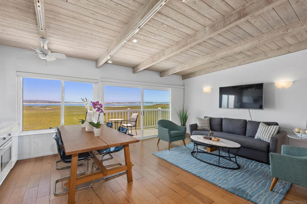 Wake up to spectacular views of Mission Bay! From this top floor condo, enjoy gorgeous sunrises, sunsets, Seaworld fireworks, the ebb and flow of the tide across the bird sanctuary, and a view of the downtown skyline from this premier waterfront location. This bright and airy home features open beamed ceilings, a modern kitchen, hardwood floors throughout, and expansive dual-pane windows that frame stunning vistas from every room. Relax on the spacious deck, and enjoy the convenience of an in-unit washer/dryer, designated parking space, and exterior storage cabinet. The complex offers a pool and spa that overlook the serene wetland, as well as a gym, BBQ area, and sauna. Feel like you are on vacation every day with a short stroll to the park, bike path, shops, restaurants, bars, and entertainment.