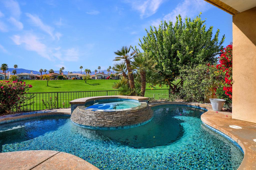Available November 2025 & December 2025. Leased 2026 season. Experience the ultimate desert retreat with a seasonal lease in the prestigious Indian Ridge Country Club in Palm Desert. This stunning west facing home is offered fully furnished, allowing you to simply arrive and unwind. Step into a sunlit, open-concept living space designed for both comfort and style. Floor-to-ceiling windows and sliding doors frame breathtaking golf course views, while the expansive great room sets the stage for effortless entertaining. Outdoors, soak in the beauty of the desert from your private patio, complete with a sparkling pool and spa, built-in BBQ, and front-row seats to unforgettable sunsets, plus fully fenced backyard. New flooring throughout plus upgraded kitchen, totally remodeled primary bathroom, dual vanities, a walk-in shower, and a separate soaking tub for ultimate relaxation. Two additional guest rooms each feature their own en-suite bathrooms, ensuring privacy and comfort for family and friends. Home is powered by smart power solar and new Tesla battery keeping energy bills very low! Nestled in one of Palm Desert's most sought-after private country club communities, this home offers the perfect blend of tranquility and convenience. With easy access to Interstate 10 and the Palm Springs airport, you're just minutes from world-class shopping on El Paseo--known as the 'Rodeo Drive of the Desert'--as well as exceptional dining, entertainment, and vibrant cultural experiences from La Quinta to Palm Springs. The owner takes care of HOA fees, trash, pool maintenance, gardening, cable TV, and internet, with utility costs covered up to a set limit. Don't miss this opportunity to enjoy the best of desert living in an unbeatable location!