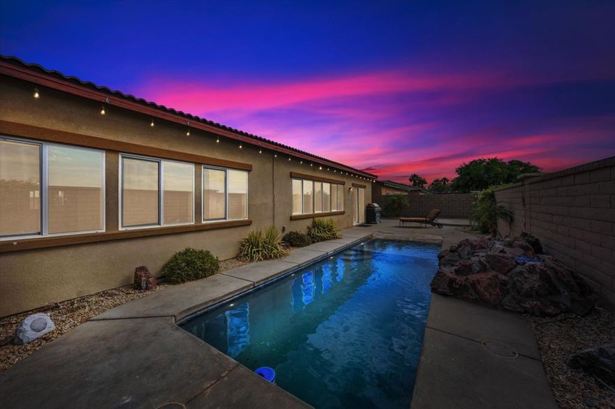 Welcome to 83587 Moroccan Drive, a 2811 square foot home in the desirable gated community of Haciendas in North Indio. This 4B/3B residence includes a versatile bonus room and a private casita with its own entrance, laundry, and living room. All bedrooms feature brand new carpet, adding a fresh touch throughout. The open floor plan centers around a spacious great room with excellent separation of bedrooms, providing both comfort and privacy. Step outside to a private backyard retreat with a sparkling pool and cascading water feature, surrounded by low-maintenance, desert-friendly landscaping. Haciendas is an established community that offers a true neighborhood feel, while still being close to shopping, dining, golf, and a wide range of amenities. With its combination of space, function, and resort-style living, this home is one you will want to see in person.
