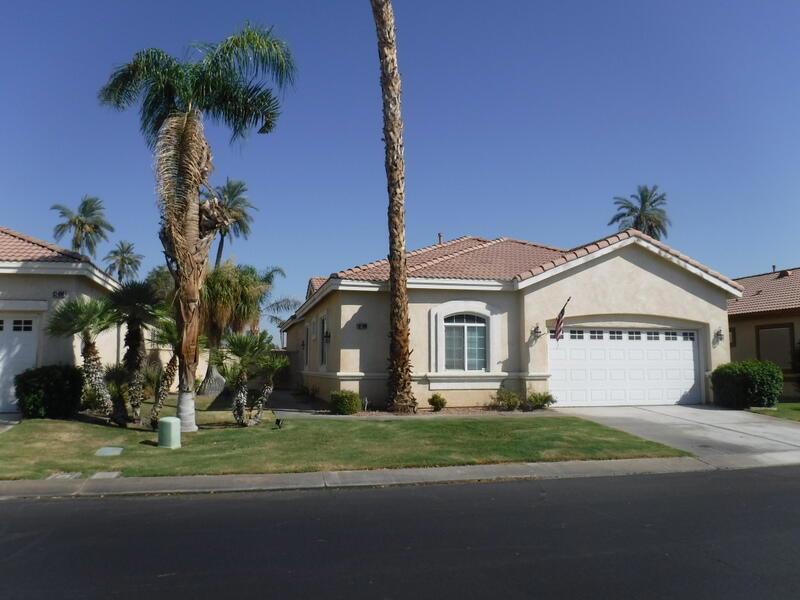 Indian Palms community is a very nice community. This home feature 2 bedroom plus a Den, 2 bathrooms. enter the home into to a foyer. Kitchen has slab granite countertops, Refrigerator, Range, built-in Microwave. The home has vinyl flooring and tile throughout. Very clean and updated. The open floor plan with a fireplace in the living room and a door to a side private patio and the living room slider leading out to the back yard with a pool/spa/and putting green. Home is on the golf course. Large side patio with wood burning fireplace. The primary bedroom feature a large bathroom with a shower and a soaking tub, double sinks large counter space.. Large walk in closet. 2nd bedroom w/walk-in closet. Den area is nice and spacious. HOA takes care of the front and back yards landscaping. There are 3 Community pools/spa and the Lifestyle center with sport courts, Pickleball. Bocca ball courts, tennis etc. Work out class and nice gym. Home is mostly unfurnished but furnishing that are there can be removed. Separate laundry room, 2 car garage. Indian Palms has a restaurant and bar within the gates and golf is a public course pay as you play. Community is very close to Starbucks, Grocery stores, Fast Food, Banking, Walgreens.