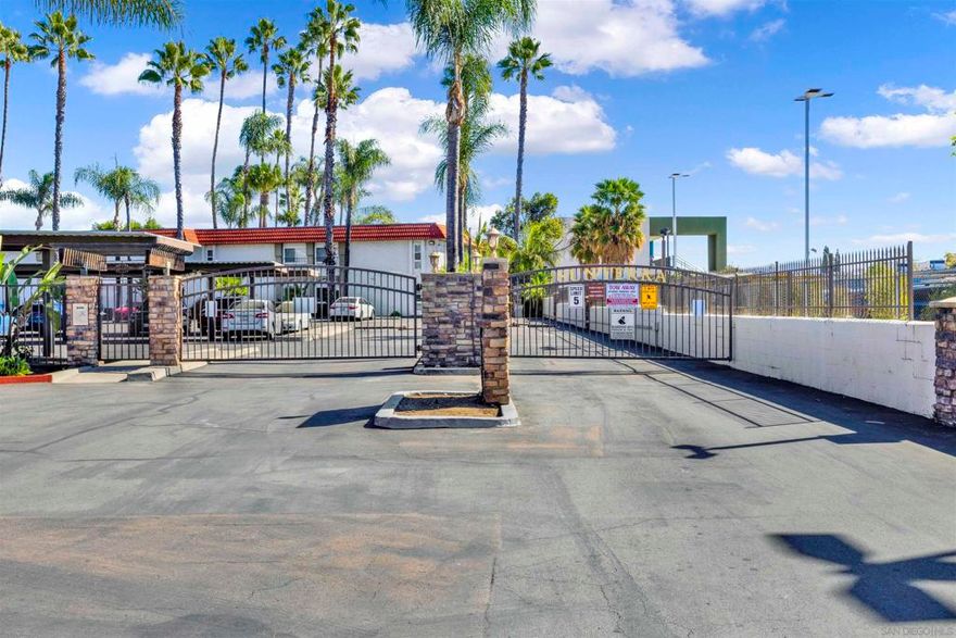 Perfect starter home or rental! Cozy Upstairs 1 bedroom unit with beautiful views of the well-maintained community grounds & Pool from Balcony. Resort style complex includes 2 pools, 2 gyms and 2 laundry rooms. 2 blocks from Parkway Plaza Mall and 8 freeway.