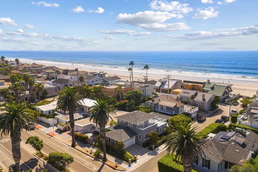 Just three homes from the sand, this 2019 Bokal & Sneed/Wardell Builders coastal craftsman offers 3BD/3.5BA and 2,383 sq. ft. on a prime corner lot in Del Mar’s Beach Colony. The interior features a Thermador kitchen with marble counters, sleek cabinetry, and a 6-burner range with griddle, steam + convection ovens, built-in coffee maker, and wine fridge. Vaulted great room with fireplace opens through sliding doors to a private backyard with lush landscaping, built-in BBQ, and covered al fresco dining. See supplement...  Upstairs, the primary suite boasts beamed ceilings, spa bath, walk-in closet, and ocean-view terrace. Two ensuite bedrooms, powder, laundry, and 2-car garage complete the home.