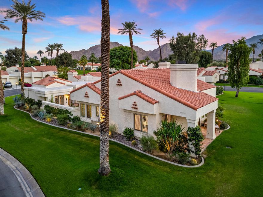 This rare corner unit with spectacular Santa Rosa Mountain views features a private detached casita. Coming to market for the first time after years of meticulous updates with the finest finishes, creating the ultimate desert retreat just moments from the iconic La Quinta Resort & Spa. This single-story residence offers just over 1,900 square feet of refined living space, including 3 spacious bedrooms, 3.5 bathrooms, and a two-car garage. The inviting layout centers around a beautifully updated courtyard designed for effortless entertaining and seamless indoor/outdoor living. Thoughtful renovations include a remodeled kitchen with granite countertops, a Viking range and KitchenAid appliances, travertine flooring throughout the living area, refreshed bathrooms, a reimagined fireplace, and a serene courtyard retreat. Additional upgrades feature double-paned windows and sliders, a beautifully updated casita, fresh interior paint, popcorn ceiling removal, and updated HVAC systems, including an independent mini-split for the casita. As a resident of Santa Rosa Cove, you'll enjoy access to resort-style amenities including multiple pools and spas, tennis and pickleball courts, on-site management, 24-hour gated security, and convenient proximity to local shops and dining.