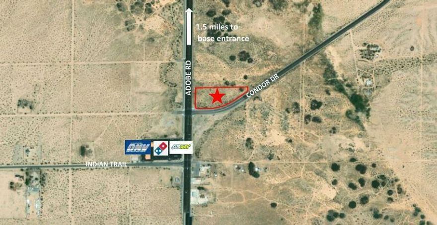 Commercial acreage on the last signalized intersection before the 29 Palms Marine Corps base. Well-traveled route, which leads to the largest (by land area) Marine base in the United States. APN 0621-272-02