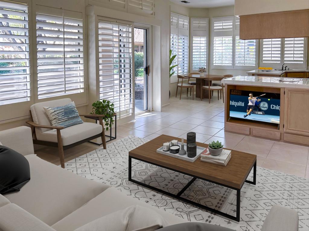 This pristine Opal model is now available for a long term tenant. With 2 BRs/2BA and a large living room This model features additional spaces, could be an office/formal dining room and also space for a TV room or a den. White wood shutters on all windows and slider. Fans in all traffic area. Plenty of skylights. Primary BR has bay windows. Extra large bathroom with dual vanity and a walk-win closet. Lots of curb appeal from the curb to the backyard. Entry is thru a gated courtyard. Located on a green belt, this home has very nice views and a large patio.