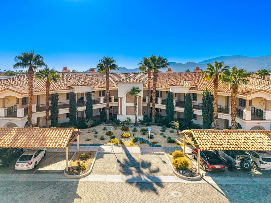 Welcome to 2701 Via Calderia, a beautifully maintained single-level end-unit condo in the highly desirable Villa Portofino 55+ gated community in Palm Desert. Offering 2 bedrooms, 2 baths, and approximately 1,559 sq. ft. of comfortable living space, this turnkey home perfectly combines luxury, convenience, and resort-style amenities.The light-filled interior features an open-concept living area with a cozy fireplace, high ceilings, and elegant travertine tile flooring throughout. The chef's kitchen includes fine cabinetry, granite countertops, and a breakfast bar that flows seamlessly into the dining and living spaces--ideal for entertaining or relaxing at home. A flexible den adds versatility as an office, guest space, or reading nook.The spacious primary suite offers direct patio access and a spa-like bath with dual vanities, soaking tub, and separate shower. Enjoy morning coffee or evening sunsets from the covered patio overlooking beautifully landscaped gardens in a peaceful, private setting. Additional highlights include turnkey furnishings, an assigned carport, and a ground-level location with no stairs--making everyday living effortless.Living at Villa Portofino means access to one of the Coachella Valley's most impressive clubhouses--30,000 sq. ft. of amenities including a restaurant and bistro, movie theater, fitness and yoga studios, card and billiard rooms, a library, and a resort-style pool and spa with sweeping mountain views. The HOA covers building maintenance, landscaping, water, cable/internet, and more--allowing you to focus on enjoying the desert lifestyle.Located in the heart of Palm Desert, you're just minutes from world-class golf, shopping, dining, and cultural attractions. 2701 Via Calderia offers the perfect blend of refined comfort and vibrant community living--an exceptional opportunity to experience the best of active adult life in the desert. Be sure to view the 3D Virtual Tour!