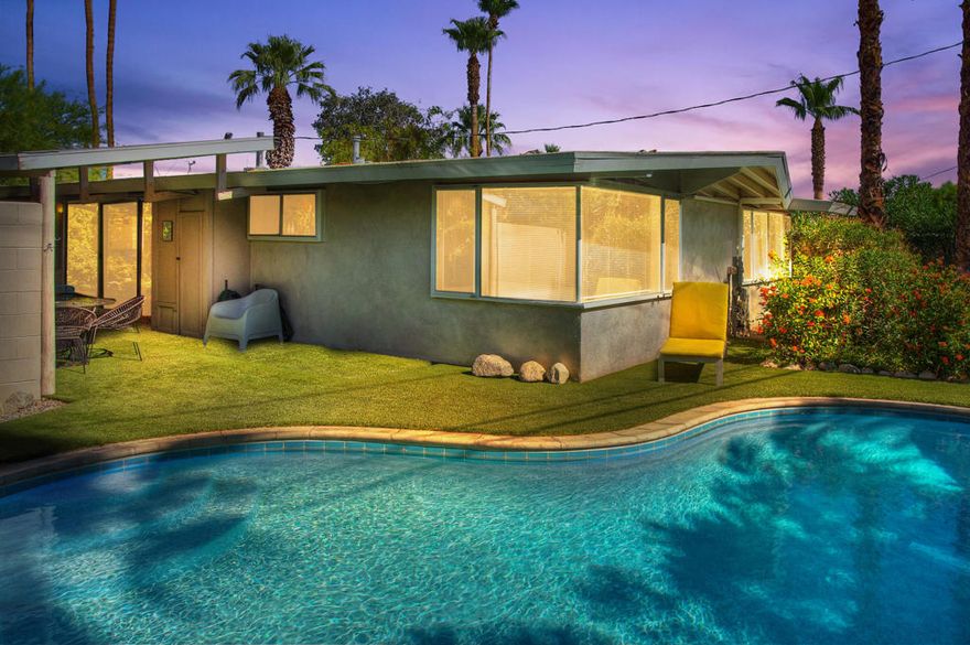 Don't miss the chance to embrace the unique desert lifestyle with this stunning Mid-Century home in South Palm Desert. Designed by the acclaimed modernist architect Walter S. White, this post-and-beam masterpiece perfectly reflects White's vision of contemporary desert living--featuring bold rooflines, expansive glass, and open spaces that harmonize indoor and outdoor living. More than just a piece of architectural history, this home offers a lifestyle of convenience and luxury. Take a golf cart ride to the renowned El Paseo shopping and dining district, or explore the nearby 27.5-acre Cahuilla Hills Park with its dog-friendly hiking trails, tennis, pickleball, and more. The home has been thoughtfully updated to maintain its classic aesthetic and is move-in ready. As you enter, a semi-enclosed courtyard and lush landscaping invite you to explore further. Inside, you'll find clerestory windows, floor-to-ceiling sliding doors, an open living space, and a covered patio--all designed to showcase the breathtaking mountain views. The kidney-shaped pool adds a sparkling centerpiece to this desert retreat. This is a rare opportunity to live in a home that not only honors the legacy of Walter S. White--recognized by UCSB with an extensive exhibition--but also offers the ultimate desert living experience.Home may be available for a shorter term rental at a higher rate. Please inquire with listing agent.